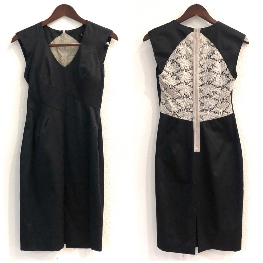 Black Halo Contrast Lace Inset Satin Sheath Dress - Picture 6 of 11